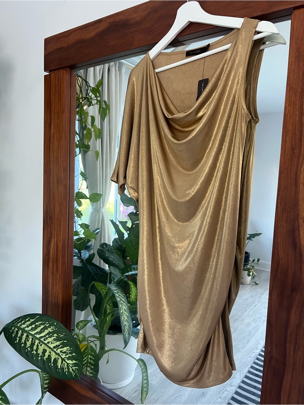 The Limited Gold One-Shoulder Draped Sheath Dress